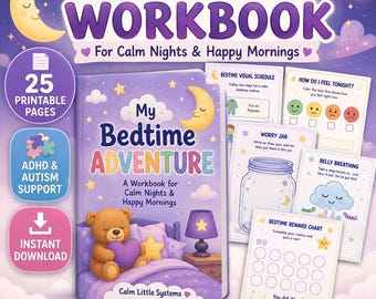 May include: A Bedtime Routine Workbook featuring a purple cover with a teddy bear holding a heart, a crescent moon, and a lamp. The workbook includes 25 printable pages with activities like a visual schedule, worry jar, and reward chart.