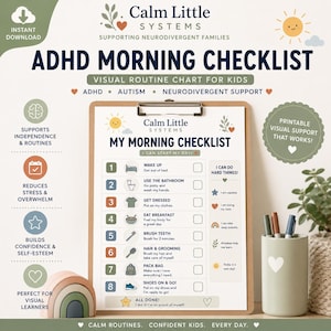 May include: A printable ADHD morning checklist on a clipboard featuring eight numbered steps with icons for daily tasks like waking up, brushing teeth, and getting dressed, alongside a section for positive affirmations and a small rainbow arch decor.