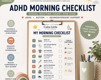 May include: A printable ADHD morning checklist on a clipboard featuring eight numbered steps with icons for daily tasks like waking up, brushing teeth, and getting dressed, alongside a section for positive affirmations and a small rainbow arch decor.