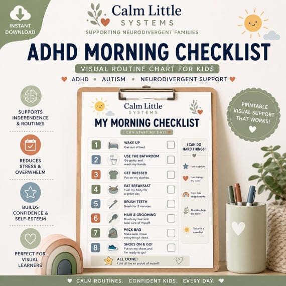 ADHD Morning Checklist Printable for Kids | Autism Visual Schedule | Neurodivergent Routine Chart