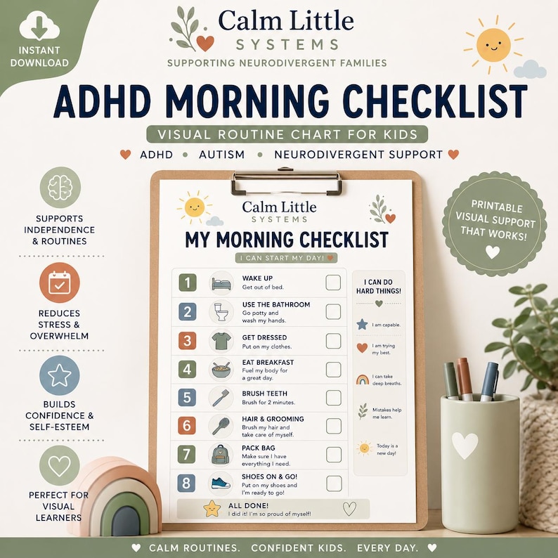 May include: A printable ADHD morning checklist on a clipboard featuring eight numbered steps with icons for daily tasks like waking up, brushing teeth, and getting dressed, alongside a section for positive affirmations and a small rainbow arch decor.