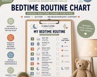 May include: A printable bedtime routine chart on a clipboard featuring eight numbered steps with icons and text. The chart includes sections for bath time, pajamas, brushing teeth, quiet time, water, hugs, lights out, and sleep, with checkboxes.