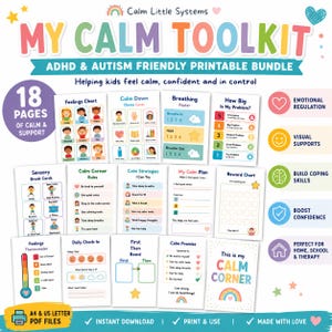 Op de afbeelding: Een printbare set genaamd My Calm Toolkit met 18 pagina's aan bronnen voor ADHD en autisme. De collectie bevat een gevoelenskaart, ademhalingsposter, beloningskaart en diverse sensorische pauzekaarten met kleurrijke, kindvriendelijke afbeeldingen.