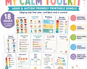 May include: A printable bundle titled My Calm Toolkit featuring 18 pages of ADHD and autism-friendly resources. The collection includes a feelings chart, breathing poster, reward chart, and various sensory break cards with colorful, child-friendly graphics.