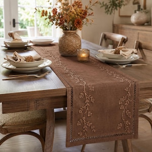 Chemin de table rustique marron, 13 x 60 cm, en coton et lin brodé, décoration de table saisonnière pour la cuisine et les fêtes à la maison.