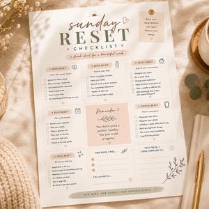 Pode incluir: Uma lista de verificação Sunday Reset em papel branco com seções para mente, corpo, espaço, plano, digital e alma. O documento inclui caixas de seleção, uma caixa de lembrete e espaços para metas semanais em texto preto e verde sálvia.