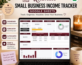 May include: A digital small business income tracker for Google Sheets displayed on a laptop screen. The interface features a dashboard with sections for gross income, total expenses, take home pay, tax estimates, overdue payments, and top clients.