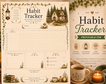 Monthly Habit Tracker Printable PDF, Cottagecore Habit Tracker, Woodland Aesthetic Planner, 31-Day Habit Chart, Self Care Tracker