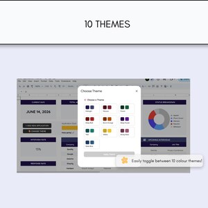 May include: A digital spreadsheet interface featuring a Choose Theme pop-up window with 10 color options including Midnight, Maroon, Forest, Deep Red, Burnt Orange, Deep Purple, Teal, Yellow, Dusty Rose, and Slate Blue, with text stating 10 THEMES.