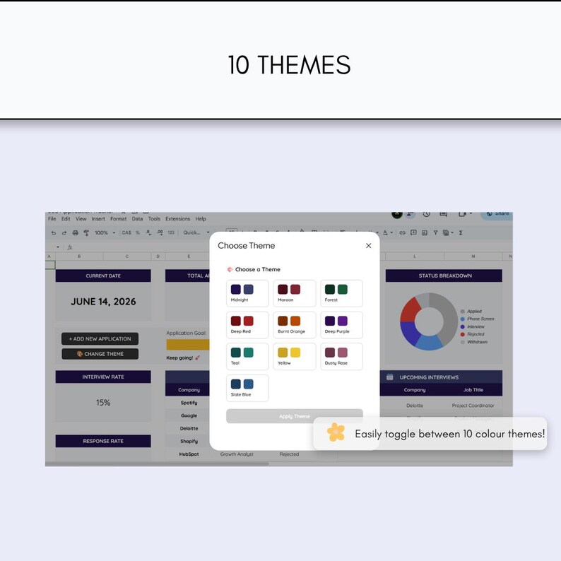 May include: A digital spreadsheet interface featuring a Choose Theme pop-up window with 10 color options including Midnight, Maroon, Forest, Deep Red, Burnt Orange, Deep Purple, Teal, Yellow, Dusty Rose, and Slate Blue, with text stating 10 THEMES.