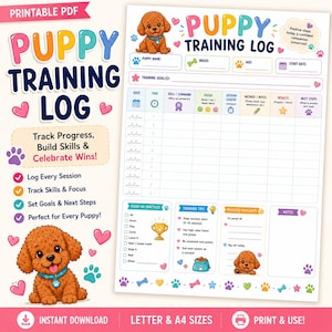 以下が含まれることがあります： 茶色い子犬のイラスト、カラフルな見出し、トレーニング目標、日付、時間、スキル、集中力、セッション時間、方法、結果、次のステップを記録するためのセクションを備えた、印刷可能な子犬トレーニングログドキュメント。