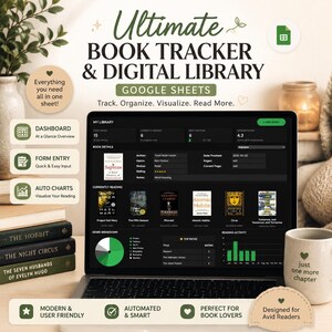 May include: A digital book tracker and library template for Google Sheets displayed on a laptop screen. The interface shows book details, reading progress, genre breakdown charts, and a list of books. Text includes Ultimate Book Tracker & Digital Library.
