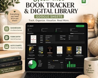 May include: A digital book tracker and library template for Google Sheets displayed on a laptop screen. The interface shows book details, reading progress, genre breakdown charts, and a list of books. Text includes Ultimate Book Tracker & Digital Library.
