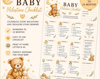 May include: A baby milestone checklist printed on paper, featuring illustrations of a teddy bear and rabbit on clouds. The document includes sections from newborn to 24 months, with checkboxes for developmental milestones, notes, and tips for parents.