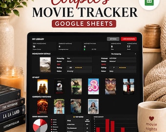 May include: A digital movie tracker template for Google Sheets displayed on a laptop screen. The interface features sections for library statistics, movie details, up next, currently watching, genre breakdown, and top rated lists with dark mode.