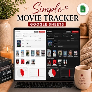 Może przedstawiać: Ekran laptopa wyświetlający szablon Simple Movie Tracker w Google Sheets w trybie jasnym i ciemnym. Interfejs zawiera statystyki biblioteki filmów, listy filmów oraz wizualizacje danych, w tym wykresy kołowe i słupkowe aktywności oglądania.