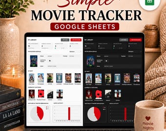 May include: A laptop screen displaying a Simple Movie Tracker Google Sheets template in both light and dark modes. The interface shows movie library statistics, lists of films, and data visualizations including pie charts and bar graphs for watch activity.