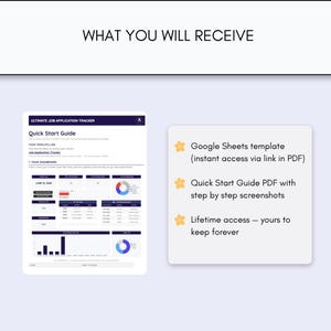 May include: A digital job application tracker template featuring a dashboard with charts and tables. The text reads WHAT YOU WILL RECEIVE, Ultimate Job Application Tracker, Quick Start Guide, and lists Google Sheets template, PDF guide, and lifetime access.