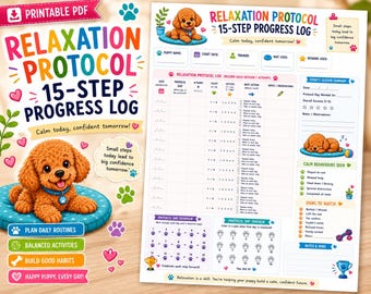 May include: A printable PDF relaxation protocol 15-step progress log featuring a brown puppy illustration. The document includes sections for puppy name, start date, trainer, mat used, reward used, a session log, and a daily tracker with paw prints.