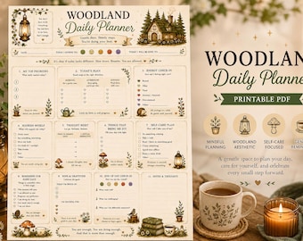 May include: A Woodland Daily Planner printable PDF featuring a cream-colored page with brown text and illustrations of a cottage, lantern, mushrooms, and plants. The layout includes sections for priorities, energy checks, self-care, and gratitude.