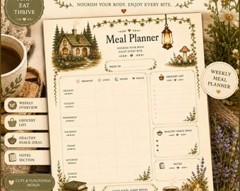 May include: A cream-colored paper meal planner featuring a cottage illustration, a hanging lantern, and mushroom graphics. The text reads Meal Planner, Nourish your body. Enjoy every bite., Week of:, Grocery List, Healthy Snack Ideas, Notes, and Good food, good mood, great day.