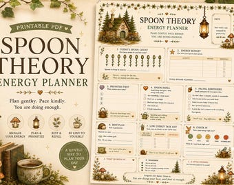 May include: A printable Spoon Theory energy planner PDF featuring a cottage illustration, lantern, and mushroom motifs. The planner includes sections for spoon counts, energy budgets, priorities, pacing reminders, rest plans, and daily check-ins.