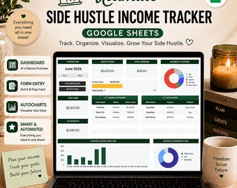 May include: A digital side hustle income tracker for Google Sheets displayed on a laptop screen. The interface features a dashboard with gross income, total expenses, income by platform, tax estimates, and bar charts for monthly income over time.