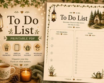 May include: A printable To Do List document featuring a cottage illustration, a lantern, and floral borders. The page includes sections for Top Priorities and To Do items, with the text: To Do List, Slow down. Focus on what matters. One step at a time.