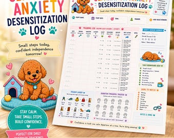 May include: A separation anxiety desensitization log featuring a brown puppy illustration, a training log table, a trigger ladder, and a duration progress tracker. The document includes text such as Separation Anxiety Desensitization Log, Small steps today, confident independence tomorrow!, and sections for puppy name, date, goal, trainer, and high value reward.
