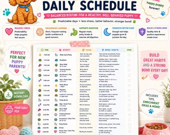 May include: A puppy daily schedule chart featuring a cartoon puppy, colorful icons, and a detailed hourly routine from 7:00 AM to 8:00 PM. The document includes columns for time, activity, focus, and notes, with text emphasizing healthy habits.