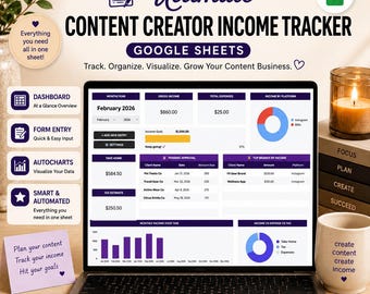 May include: A digital content creator income tracker for Google Sheets displayed on a laptop screen. The interface features a dashboard with gross income, total expenses, income by platform pie charts, pending approval tables, and monthly income bar graphs.