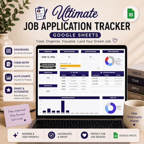 Job Application Tracker Google Sheets Automated Dashboard Job Search Tracker Interview Tracker Spreadsheet Template Career Planner