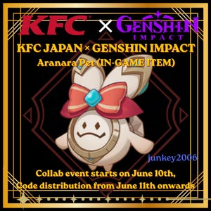 Puede incluir: Un gráfico digital con el texto KFC x GENSHIN IMPACT, KFC JAPAN x GENSHIN IMPACT y Aranara Pet (IN-GAME ITEM). La imagen muestra una criatura redonda de color crema con un lazo rojo, una gema azul y un rostro sencillo, junto a las fechas.