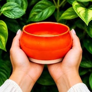 Peut inclure: Un petit bol en céramique rond avec un vernis orange vif et brillant sur l'extérieur et l'intérieur, présentant une silhouette lisse et incurvée ainsi qu'une base blanche non émaillée contrastante au design simple.