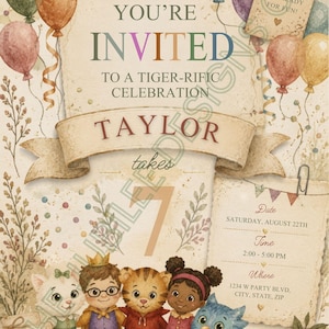 May include: A birthday invitation card featuring watercolor illustrations of five cartoon characters, colorful balloons, and confetti. Text includes YOU'RE INVITED TO A TIGER-RIFIC CELEBRATION, TAYLOR takes 7, and event details for Saturday, August 22nd.