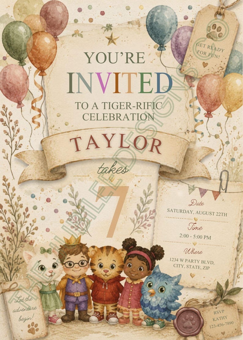 May include: A birthday invitation card featuring watercolor illustrations of five cartoon characters, colorful balloons, and confetti. Text includes YOU'RE INVITED TO A TIGER-RIFIC CELEBRATION, TAYLOR takes 7, and event details for Saturday, August 22nd.