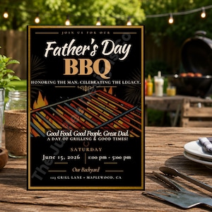 Father's Day BBQ Invitation Template | Editable Canva Invite | Black Gold Cookout Invitation | Instant Download