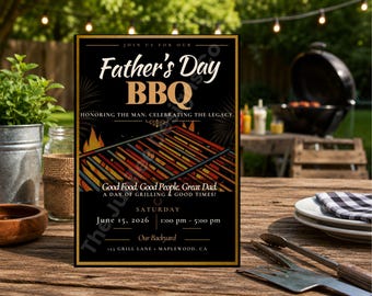 Father's Day BBQ Invitation Template | Editable Canva Invite | Black Gold Cookout Invitation | Instant Download
