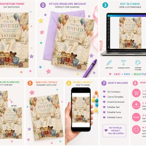 May include: A digital birthday invitation template featuring a tiger-themed design with balloons, foliage, and cartoon characters. The text reads YOU'RE INVITED TO A TIGER-RIFIC CELEBRATION, TAYLOR, and the number 7. Includes Canva editing instructions.