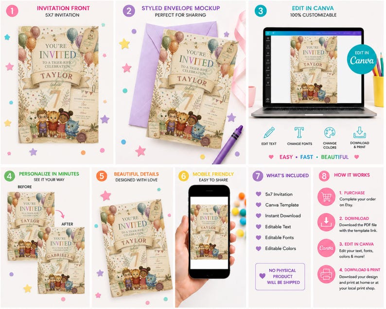 May include: A digital birthday invitation template featuring a tiger-themed design with balloons, foliage, and cartoon characters. The text reads YOU'RE INVITED TO A TIGER-RIFIC CELEBRATION, TAYLOR, and the number 7. Includes Canva editing instructions.