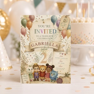 May include: A rectangular birthday invitation card featuring the text YOU'RE INVITED TO A TIGER-RIFIC CELEBRATION GABRIELLA takes 2. The design includes illustrations of four cartoon animals, colorful balloons, confetti, and a paper scroll with event details.