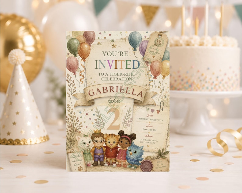 May include: A rectangular birthday invitation card featuring the text YOU'RE INVITED TO A TIGER-RIFIC CELEBRATION GABRIELLA takes 2. The design includes illustrations of four cartoon animals, colorful balloons, confetti, and a paper scroll with event details.