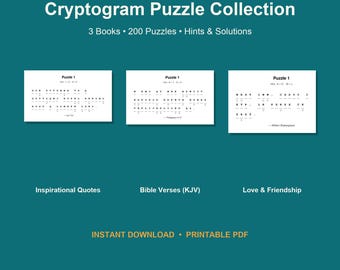 Puzzelbundel met grote letters en cryptogram | 200 puzzels in 3 afdrukbare boeken | Citaten, bijbelteksten en liefde | Directe download pdf voor senioren
