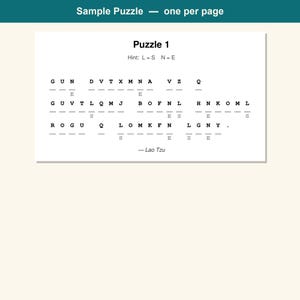 Op de afbeelding: Een witte rechthoekige pagina getiteld Puzzle 1 met een cryptogram en de hint L=S N=E. De tekst bestaat uit drie rijen zwarte letters met onderstrepingen om op te lossen, inclusief enkele vooraf ingevulde letters en de toeschrijving - Lao Tzu.