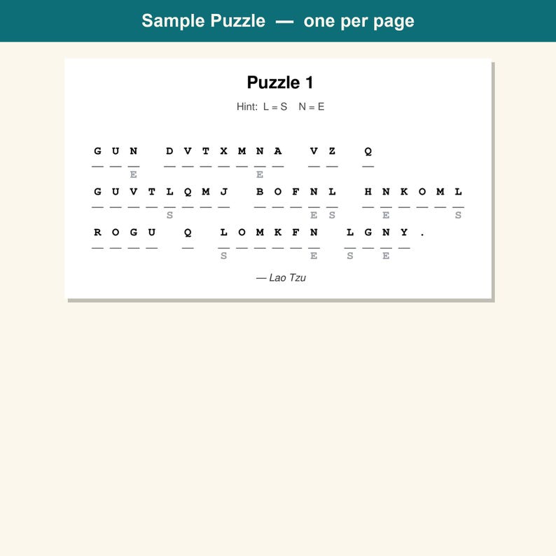Op de afbeelding: Een witte rechthoekige pagina getiteld Puzzle 1 met een cryptogram en de hint L=S N=E. De tekst bestaat uit drie rijen zwarte letters met onderstrepingen om op te lossen, inclusief enkele vooraf ingevulde letters en de toeschrijving - Lao Tzu.