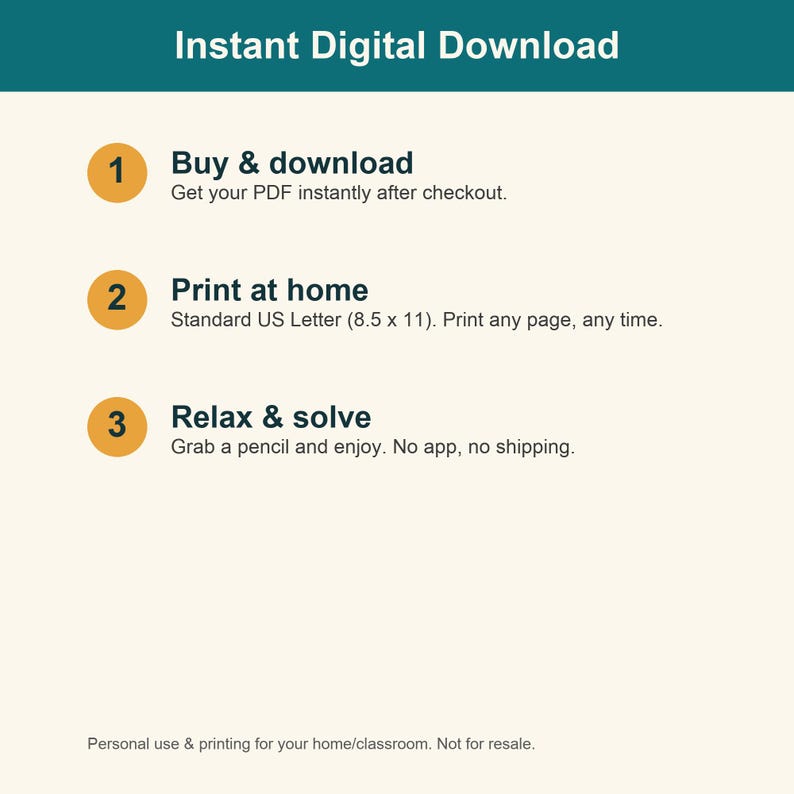 Op de afbeelding: Een instructieve afbeelding voor een directe digitale download. Het bevat drie stappen: 1. Koop en download direct uw PDF. 2. Print thuis op 21,6 x 27,9 cm papier. 3. Ontspan en los op met een potlood. Alleen voor persoonlijk gebruik en printen.