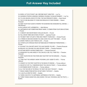 Op de afbeelding: Een wit document met de titel Full Answer Key Included met een genummerde lijst van inspirerende citaten van 54 tot 80, met auteurs zoals Lao Tzu, Walt Whitman, Theodore Roosevelt, Thomas Jefferson en Boeddha in zwarte tekst.