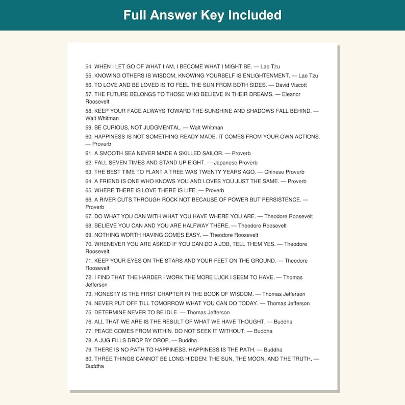 Op de afbeelding: Een wit document met de titel Full Answer Key Included met een genummerde lijst van inspirerende citaten van 54 tot 80, met auteurs zoals Lao Tzu, Walt Whitman, Theodore Roosevelt, Thomas Jefferson en Boeddha in zwarte tekst.