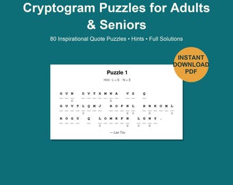 Large Print Cryptogram Puzzles Printable for Adults & Seniors | 80 Inspirational Quote Puzzles with Hints and Answers | Instant Download PDF
