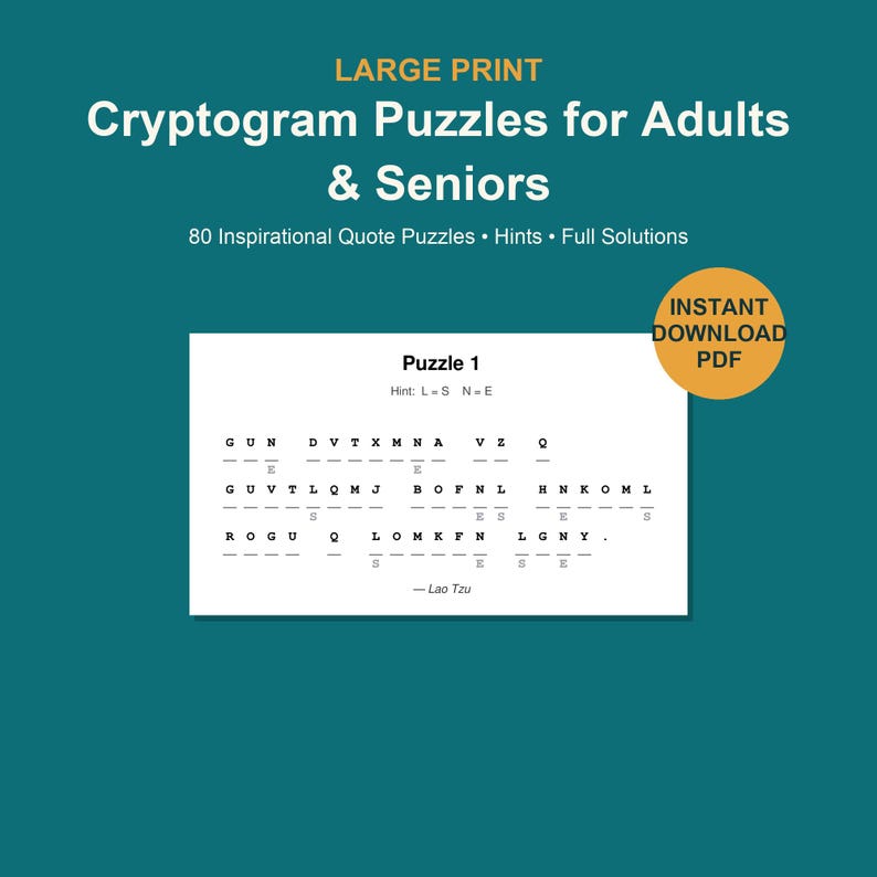 Op de afbeelding: Een digitale cryptogram-puzzelboekomslag met een groenblauwe achtergrond en witte tekst: LARGE PRINT Cryptogram Puzzles for Adults & Seniors, 80 Inspirational Quote Puzzles, Hints, Full Solutions en een INSTANT DOWNLOAD PDF-badge.